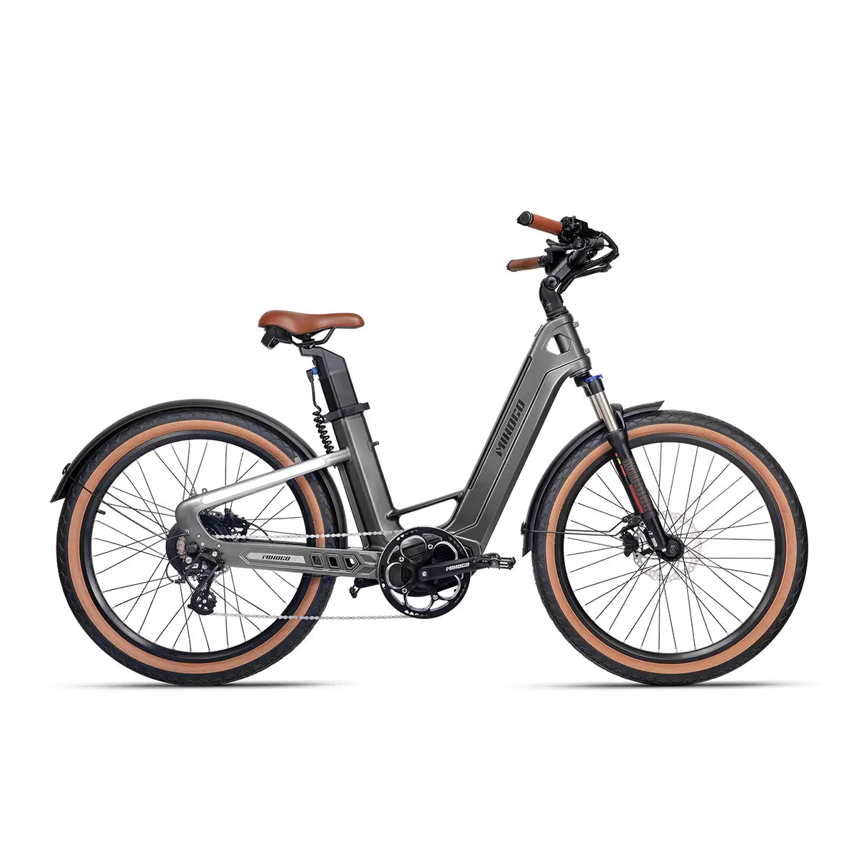 MIHOGO AIR carbon frame grey step through electric bike, lightweight urban commuter ebike with hidden battery, long range city electric bicycle for men and women