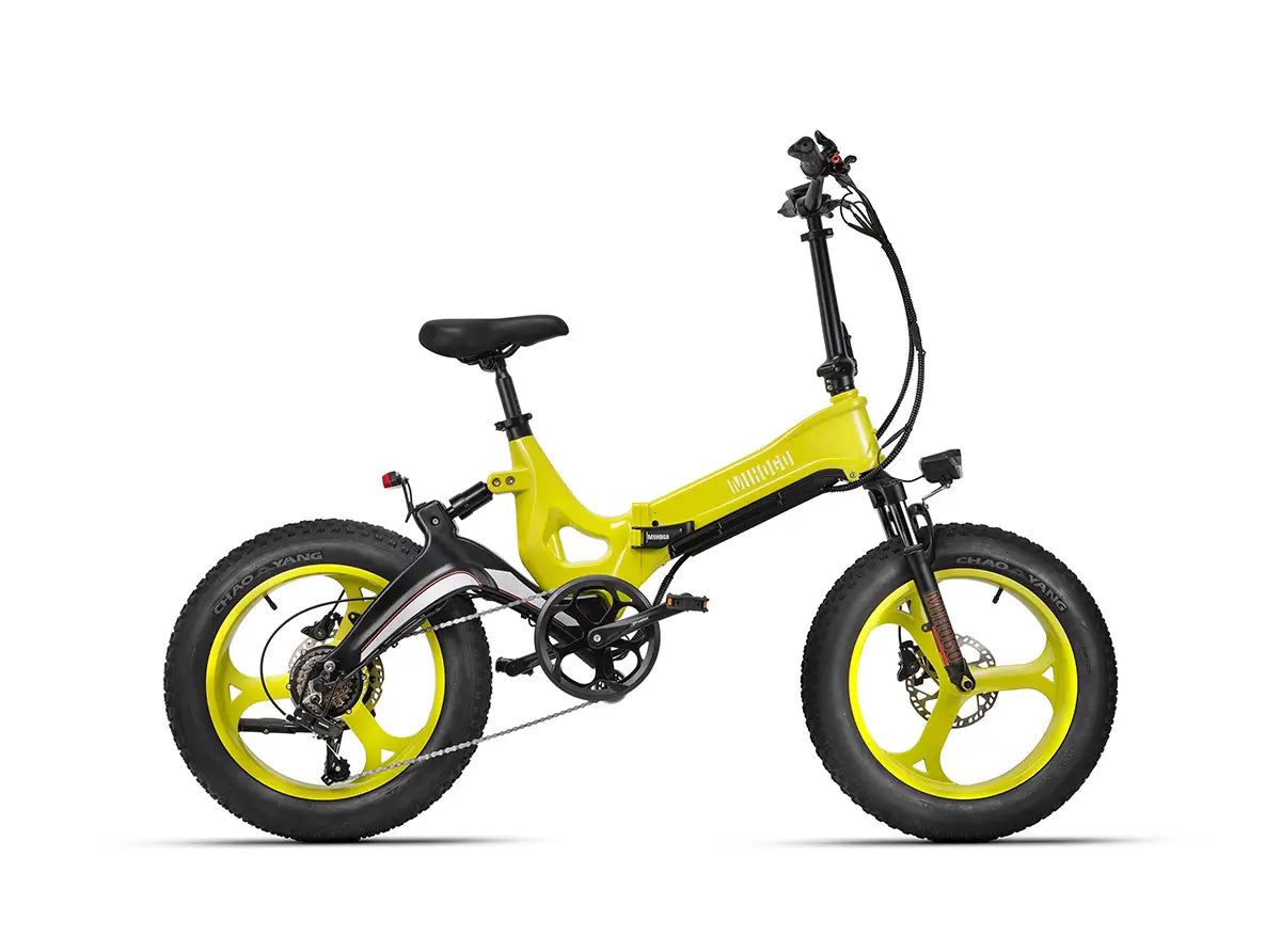 MIHOGO NX lime yellow foldable fat tyre electric bike, lightweight compact folding e-bike, versatile electric bicycle for city commuting and off-road leisure rides, clean white studio product background