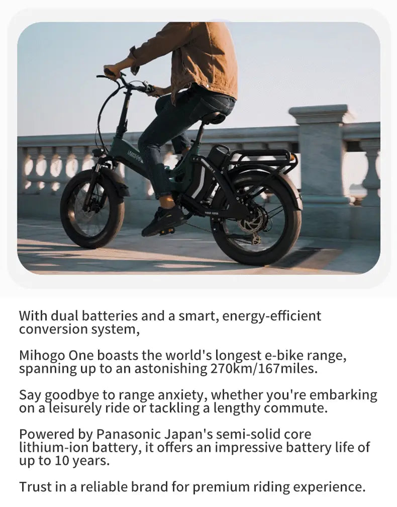 Mihogo One foldable e-bike riding shot, dual Panasonic semi-solid batteries, up to 270km maximum range, eliminate range anxiety